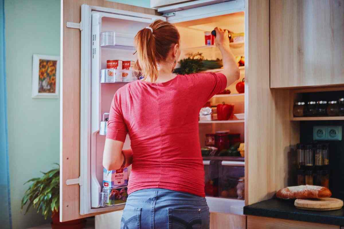 Donna prende bottiglia di vino dal frigo