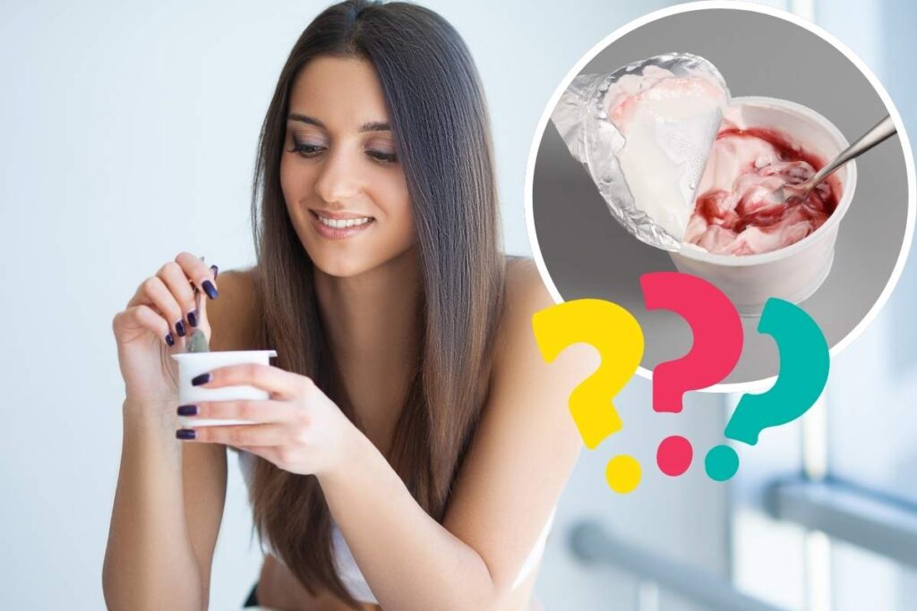 ragazza con yogurt, vasetto yogurt e punti interrogativi