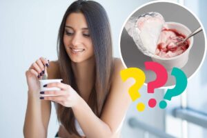 ragazza con yogurt, vasetto yogurt e punti interrogativi